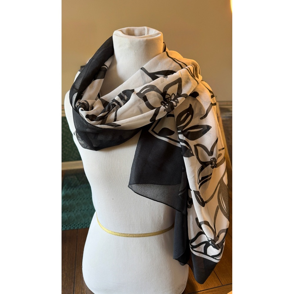 Mariella Burani Parfums Black White Floral Sheer Square Scarf Wrap